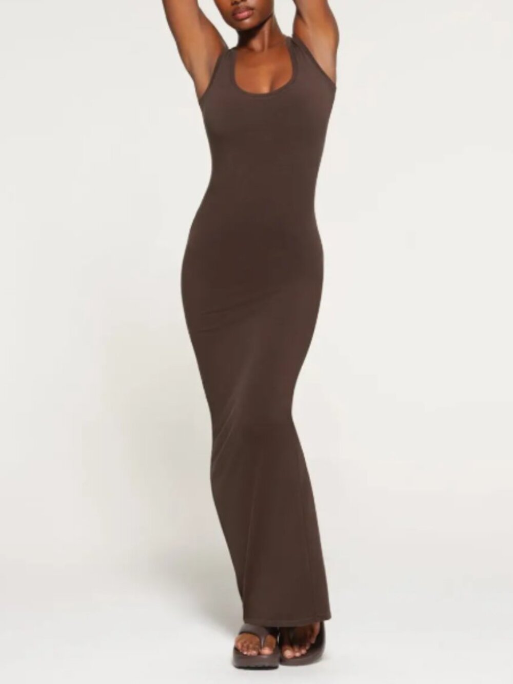 SKIMS Vintage Scoop Neck Long Dress Cocoa Brown Cotton Maxi Slit Size Large